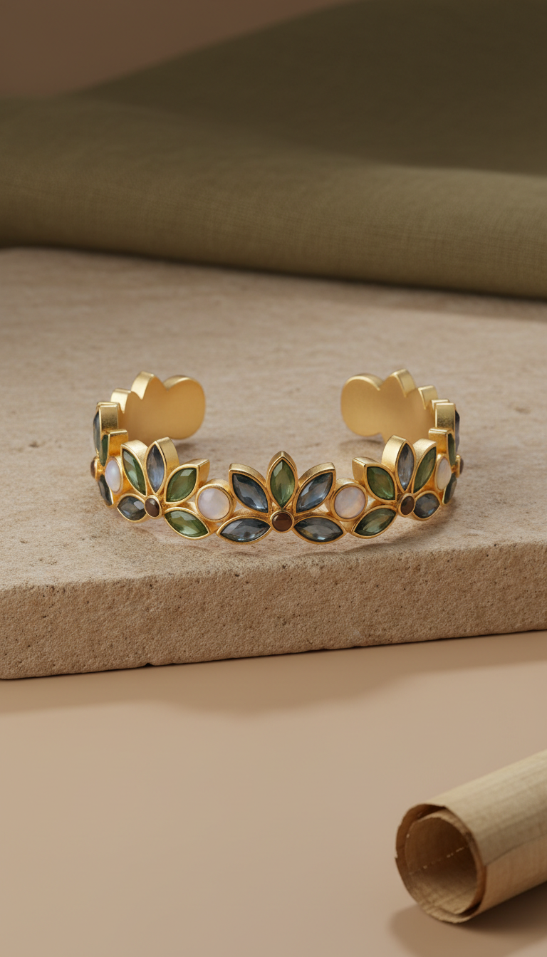 Lotus Gemstone Cuff Bracelet in Malachite