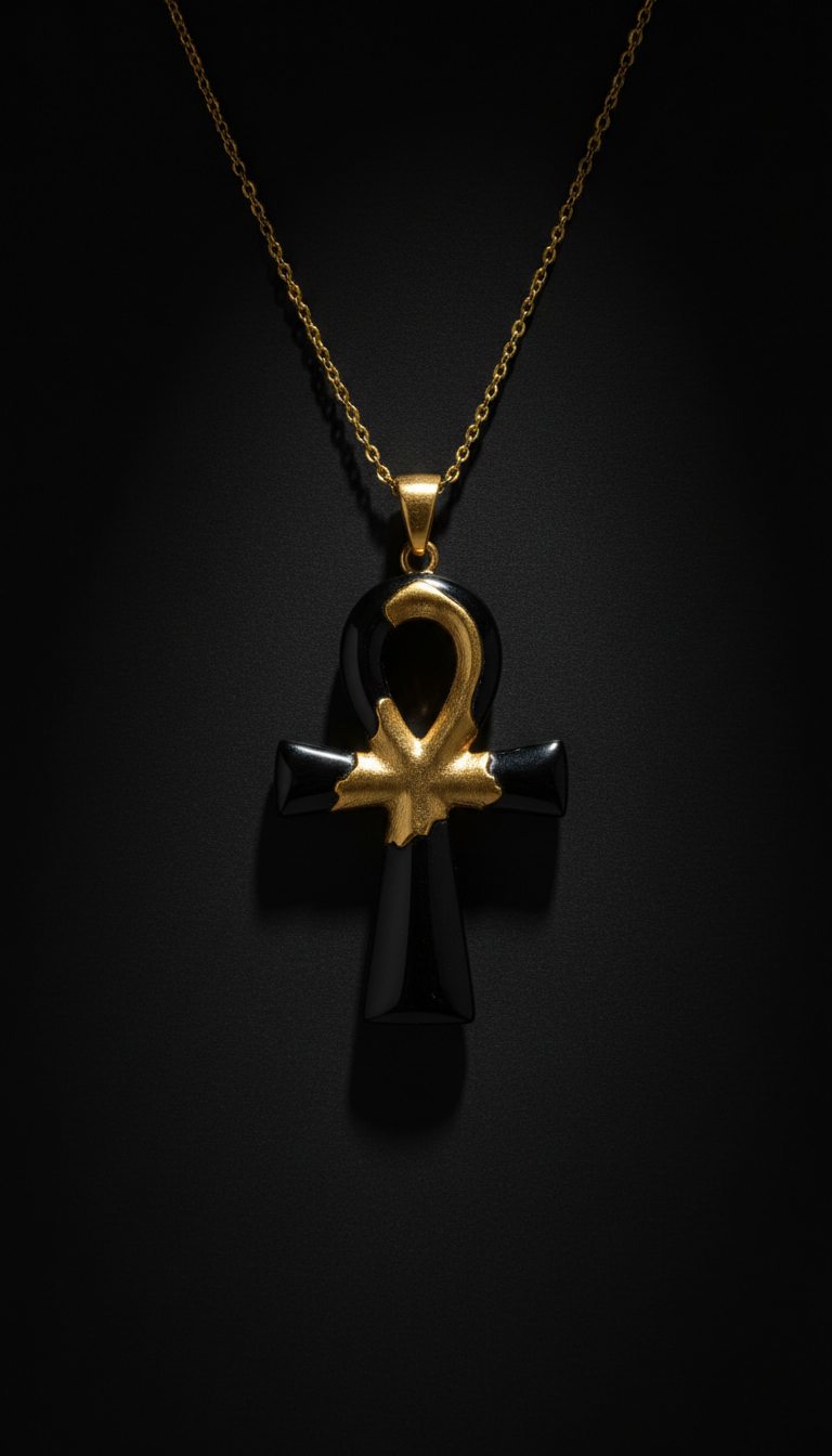 Obsidian and Gold Ankh Statement Necklace