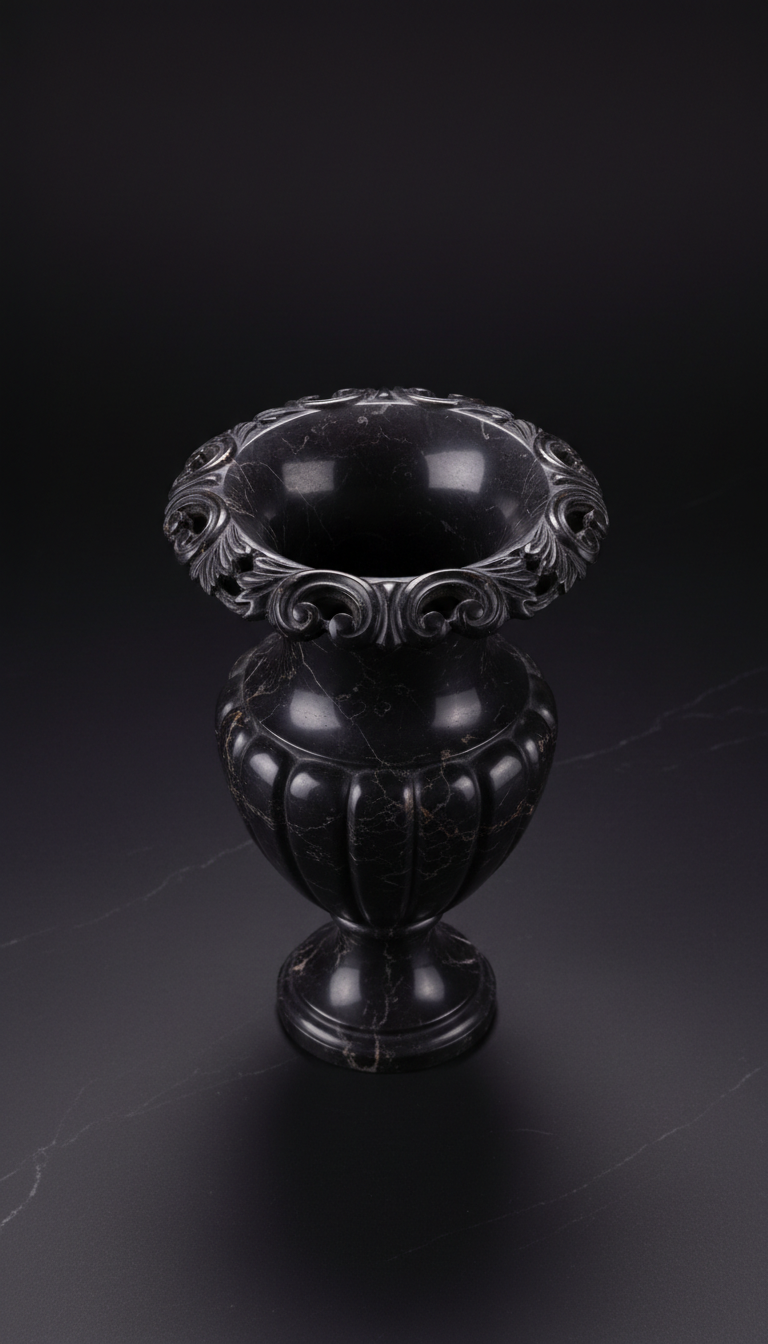 Black Marble Vase With Ornate Rim