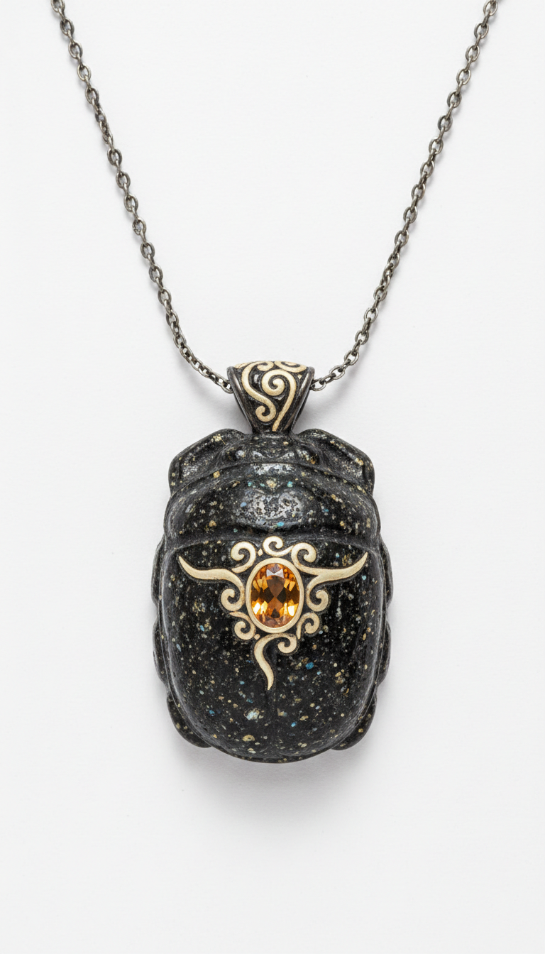 Granite Black Scarab Pendant Necklace