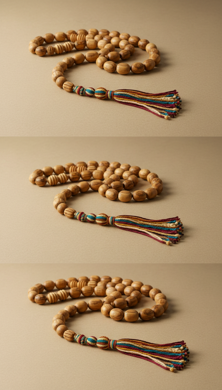 Hand-Carved Olive Wood Misbaha with Motif Tassel