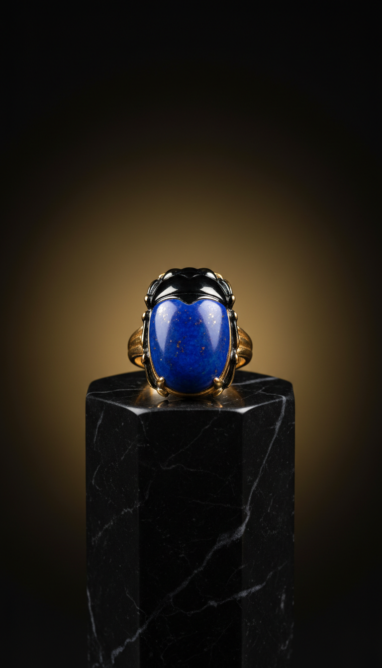 Black Lacquered Scarab Ring with Lapis