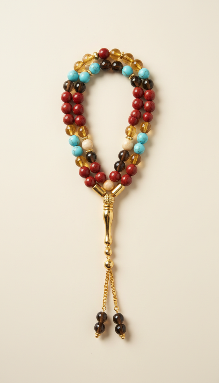 Mixed Gemstone 99-Bead Misbaha with Gold Accents