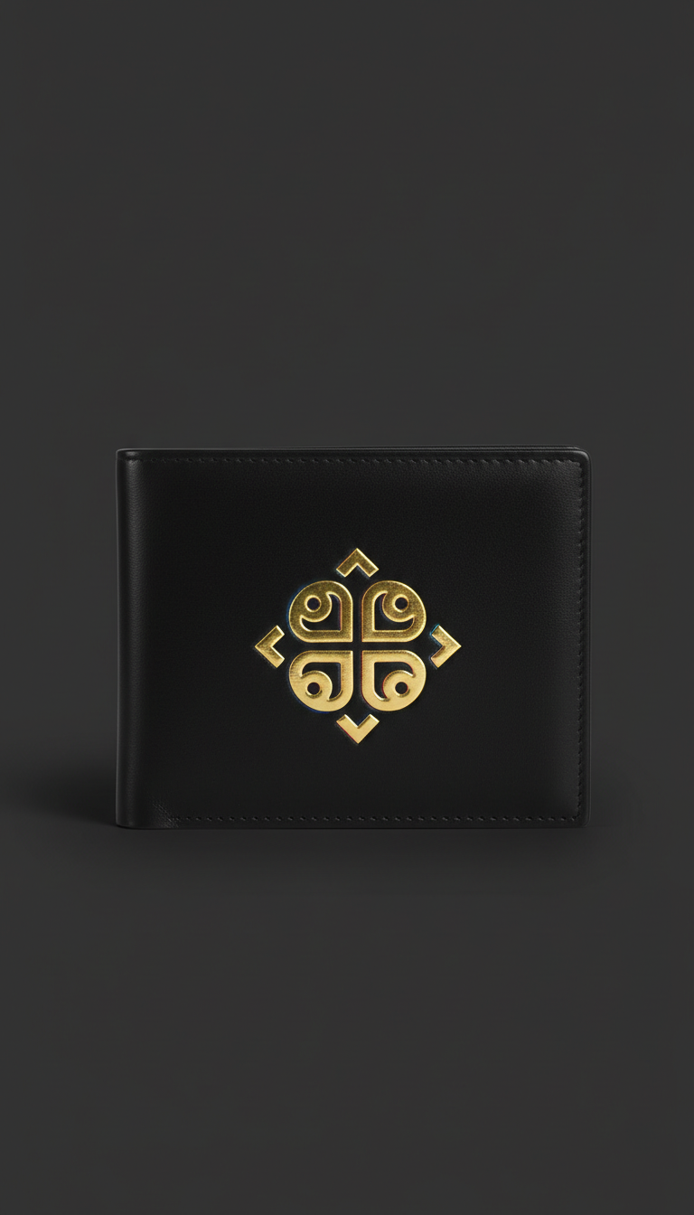 Black Leather Bifold Wallet Gold Motif
