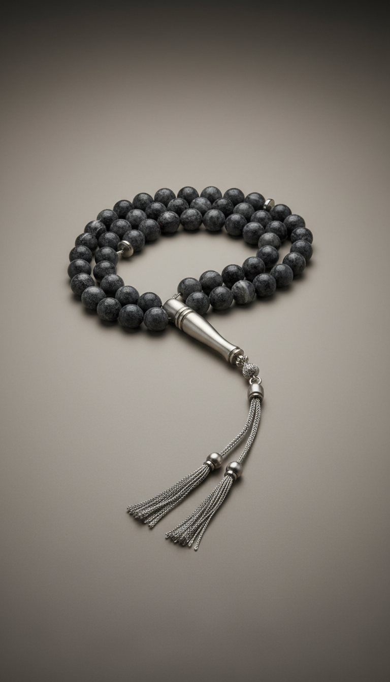 Shadow Grey Marble Misbaha with Platinum Accents